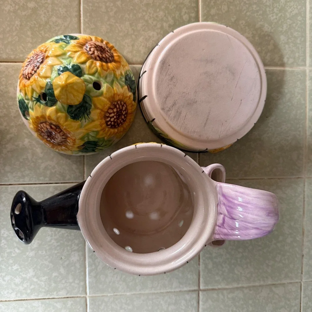Vintage 1992 Fitz and Floyd Sunflower Watering Can Potpourri Jar Garlic Keeper